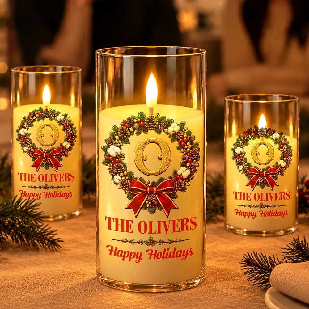 Christmas,Family,Icon,Sentimental - Christmas Home Decor Gift For Family - Personalized Monogram & Family Name Gold Initial In Holly Wreath LED Candle