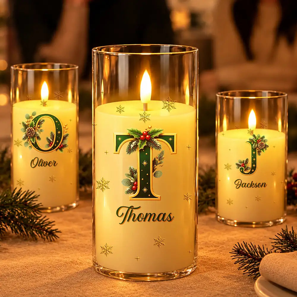 Christmas,Family,Icon,Sentimental - Christmas Home Decor Gift For Family - Personalized Monogram & Family Name Holly Botanical Initial LED Candle