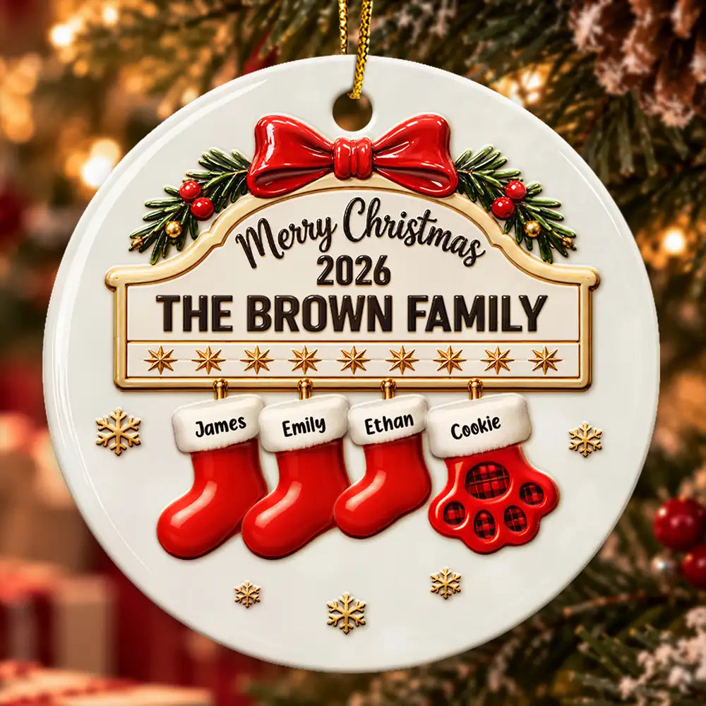 Christmas,Family,Happy,Icon - Christmas Gift For Family - Personalized Christmas Stocking 3D Embossed Circle Ceramic Ornament
