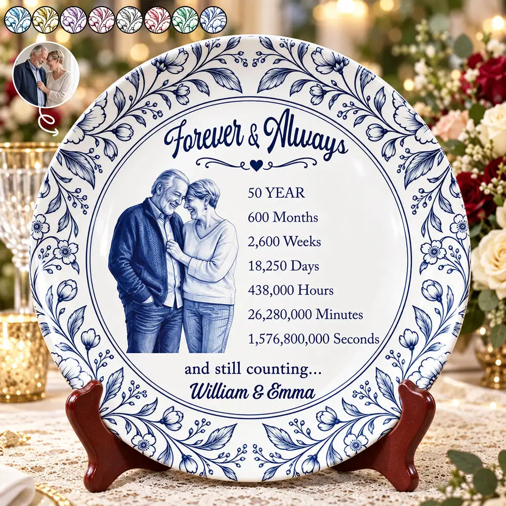 Art Design,Romantic,Gift For Couples,Photo - Porcelain Art Style - Custom Photo Watercolor Forever & Always Couple Anniversary - Personalized Ceramic Plate
