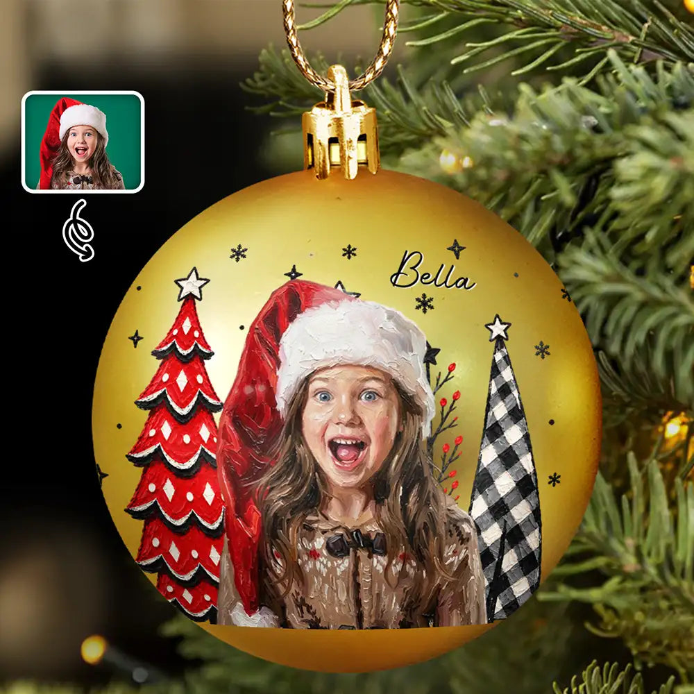 Art Design,Christmas,Custom Photo,Gift For Kids,Photo - Oil Painting,Playful - Christmas Gift For Kids Family - Personalized Custom Photo & Name Kid Portrait With Pine Tree Snowflake Ball Ornament