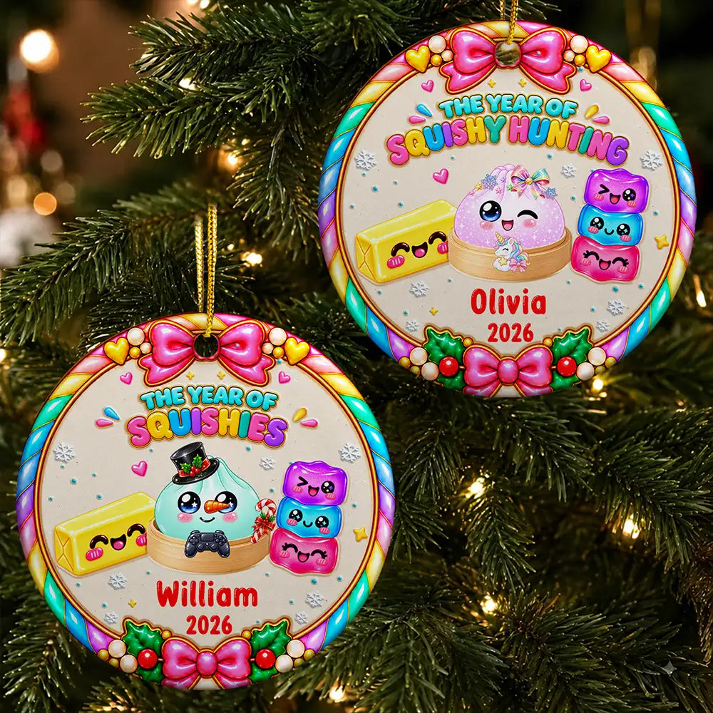 Christmas, Gift For Kids, Icon, Playful - Christmas Gift For Kids Girls Squishy Lovers - Personalized The Year Of Squishy Hunting Circle Ceramic Ornament