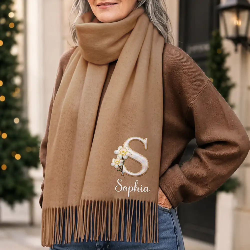 Christmas,Gift For Women,Gift For Yourself,Gifts For Her,Happy,Icon - Gift For Mom Daughter Besties - Personalized Mother Of Pearl Effect Birth Flower Tassel Scarf