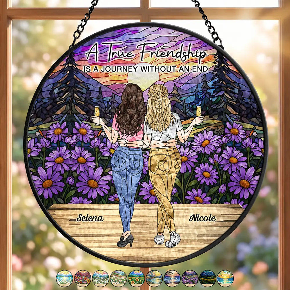 Afro Besties,Christmas,Gift For Bestie,Old Besties,Sentimental,Vector - Bestie Gift - Personalized A True Friendship Is A Journey Stained Glass Window Hanging Suncatcher