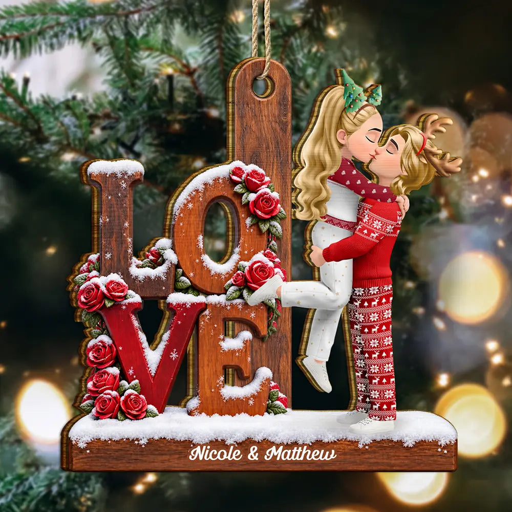 Christmas,Romantic,Gift For Couples,Vector - Couple Kissing Anniversary Gift Eternal Love - Personalized Custom Shaped Wooden Ornament