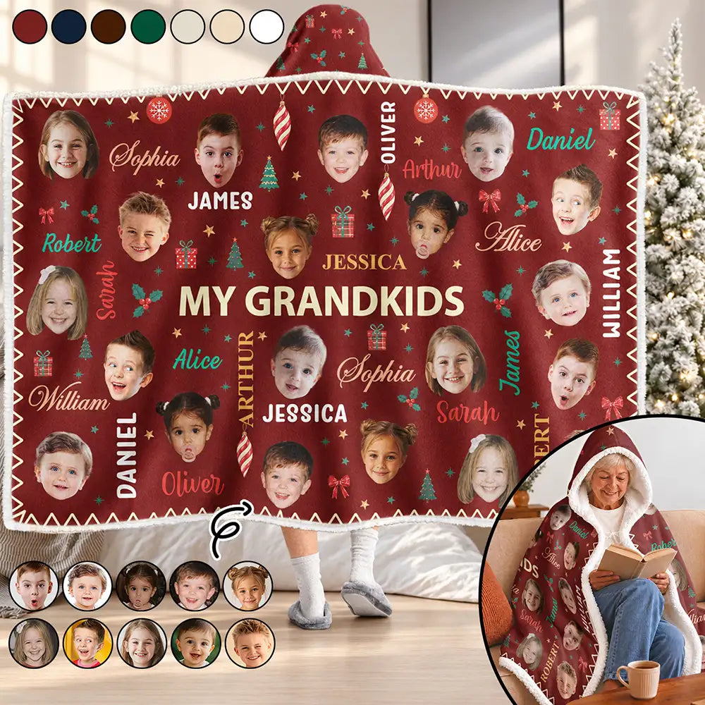 Christmas,Custom Photo,Cut-Face Photo,Gift For Grandma,Gifts For Her,Sentimental - Christmas Gift For Grandma Grandpa - Personalized Custom Photo My Grandkids With Name Pattern Wearable Hooded Blanket