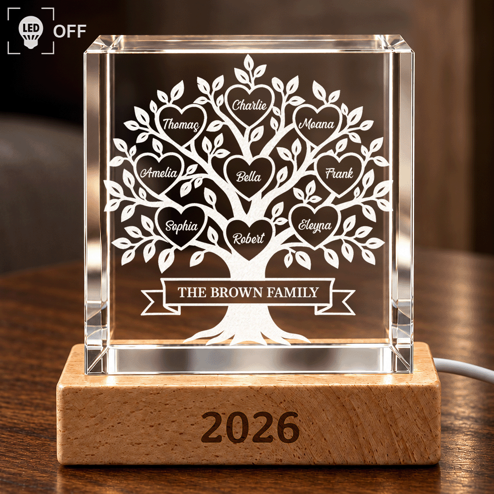 Cozy,Custom Text,Family,Indoor Decor - Gift For Family Parents Grandparents - Personalized Family Tree Crystal Cube Lamp