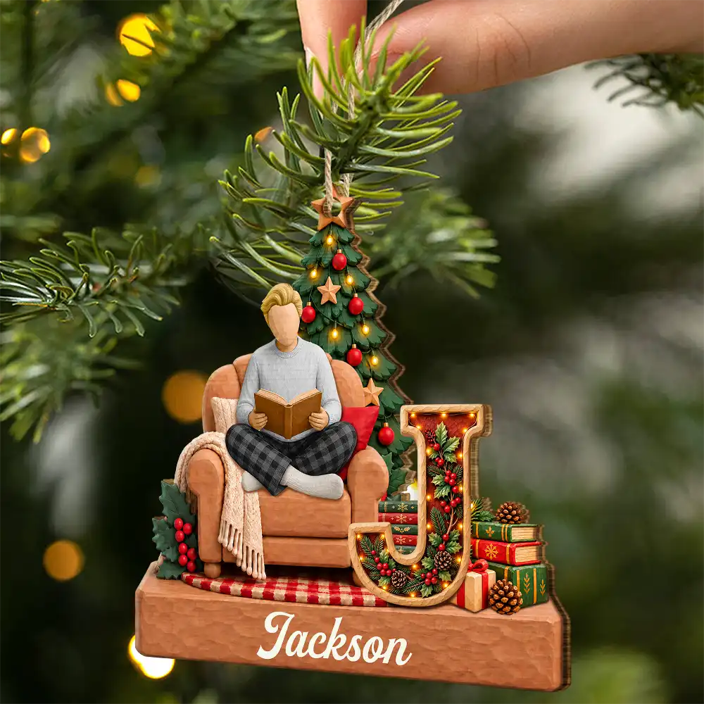 Christmas,Confident,Gift For Yourself,Gifts For Her,Gifts For Him,Reading,Vector - Christmas Gift Book Lovers, Bookworms - Personalized 3D Initial Christmas Concept Wooden Ornament