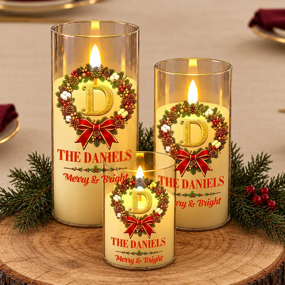Christmas,Family,Icon,Sentimental - Christmas Home Decor Gift For Family - Personalized Monogram & Family Name Gold Initial In Holly Wreath LED Candle