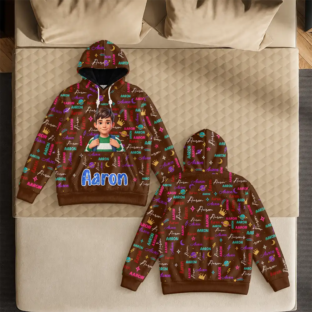 Art Design,Custom Photo,Gift For Kids,Happy,Photo - Cartoon Portrait,Top Market - Christmas Gift For Kids - Personalized Custom Photo Name Cute Pattern Fleece Hoodie