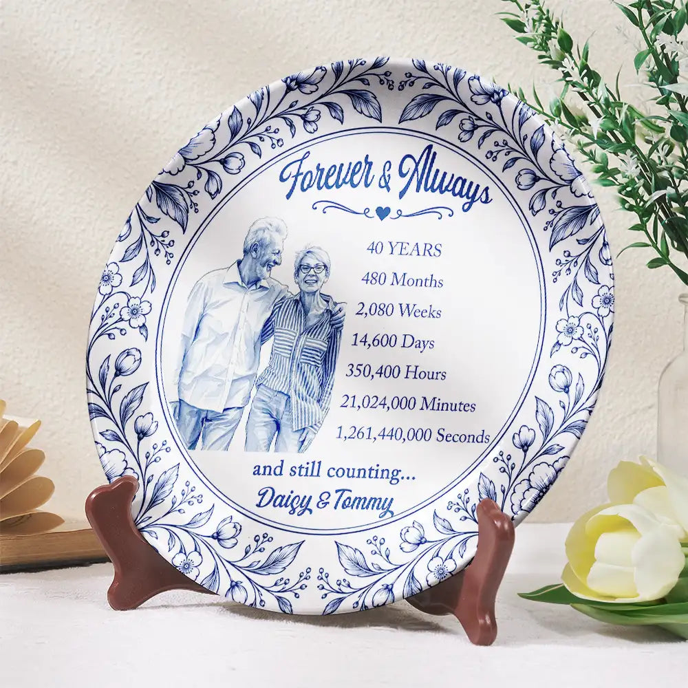 Art Design,Romantic,Gift For Couples,Photo - Porcelain Art Style - Custom Photo Watercolor Forever & Always Couple Anniversary - Personalized Ceramic Plate