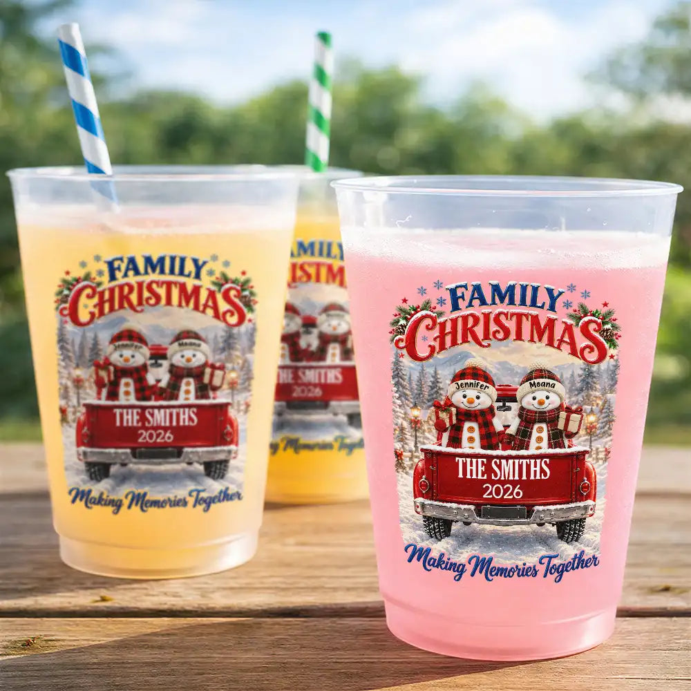 Christmas, Family, Icon, Sentimental - Christmas Gift For Family Gathering - Personalized Family Name Snowman Red Truck All Roads Lead Home At Christmas Frosted Cups