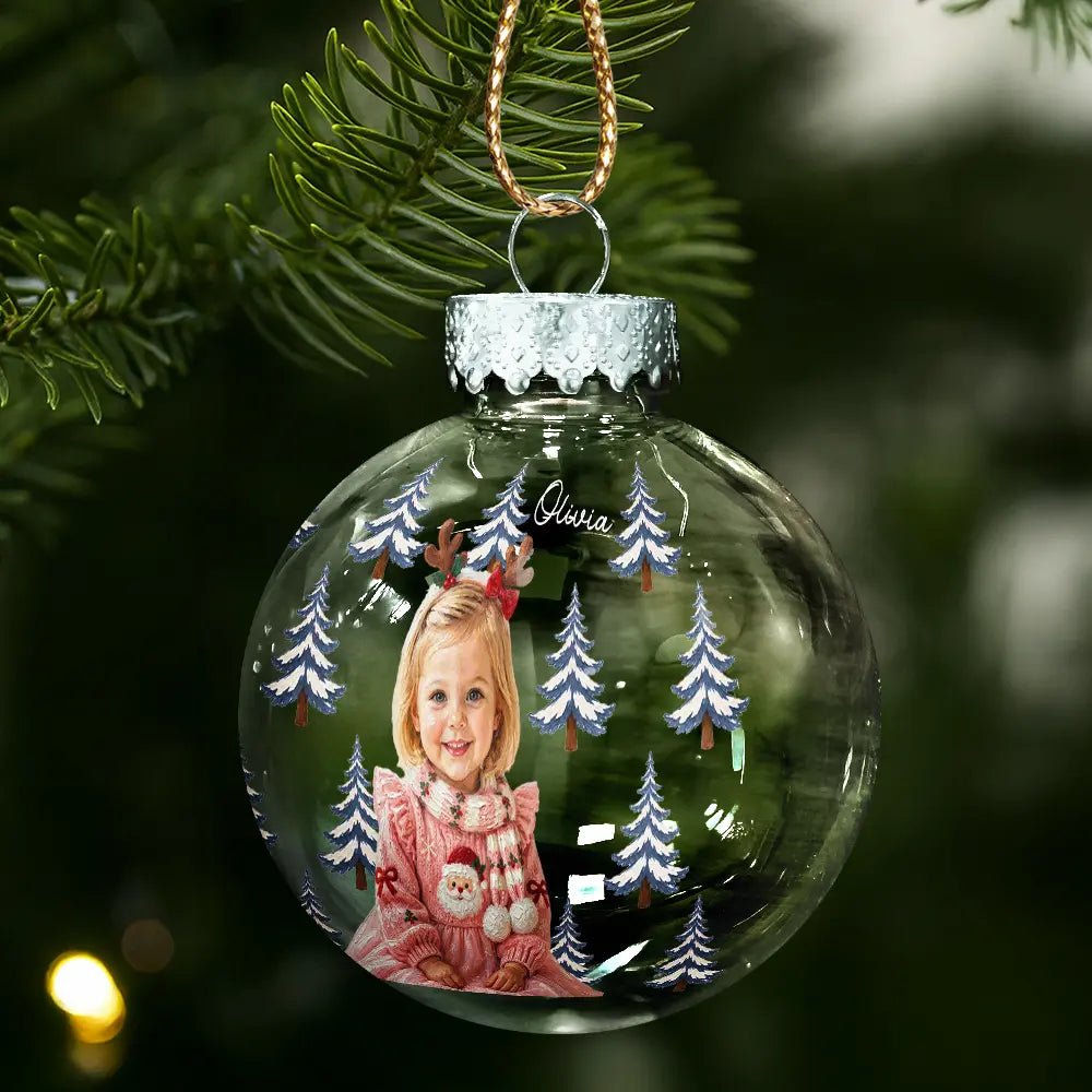 Art Design,Christmas,Custom Photo,Gift For Kids,Photo - Oil Painting,Playful - Christmas Gift For Kids Family - Personalized Custom Photo & Name Kid Portrait With Pine Tree Snowflake Ball Ornament