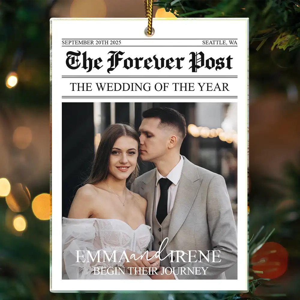 Christmas,Custom Photo,First Christmas,Gift For Couples,Married Couple,Romantic,Top Market,Upload Full Photo - Christmas Gift For Newlywed Couples - Personalized Custom Photo Newspaper Acrylic Ornament