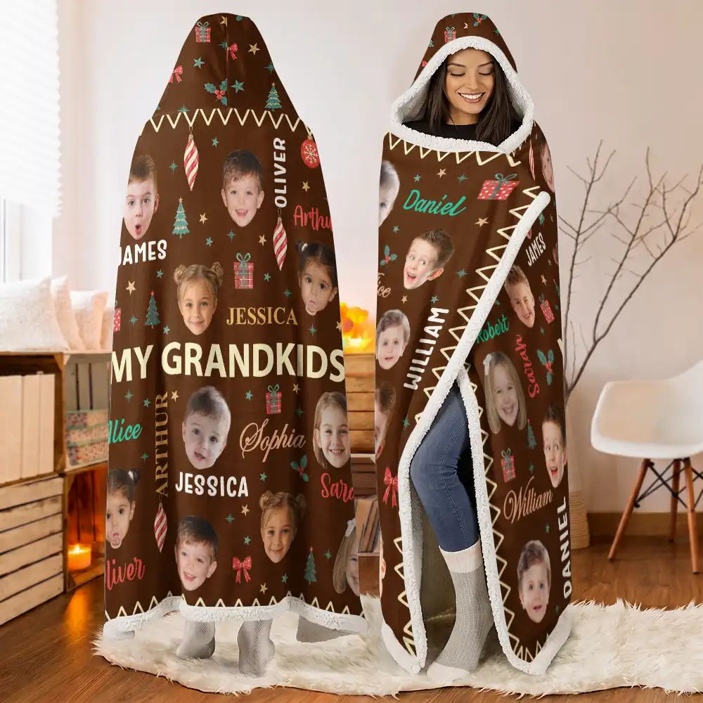 Christmas,Custom Photo,Cut-Face Photo,Gift For Grandma,Gifts For Her,Sentimental - Christmas Gift For Grandma Grandpa - Personalized Custom Photo My Grandkids With Name Pattern Wearable Hooded Blanket
