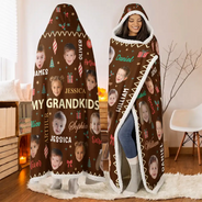 Christmas,Custom Photo,Cut-Face Photo,Gift For Grandma,Gifts For Her,Sentimental - Christmas Gift For Grandma Grandpa - Personalized Custom Photo My Grandkids With Name Pattern Wearable Hooded Blanket