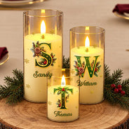 Christmas,Family,Icon,Sentimental - Christmas Home Decor Gift For Family - Personalized Monogram & Family Name Holly Botanical Initial LED Candle