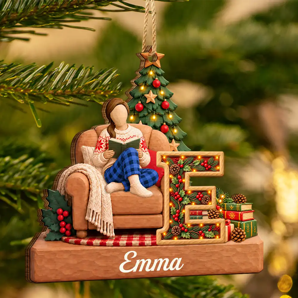 Christmas,Confident,Gift For Yourself,Gifts For Her,Gifts For Him,Reading,Vector - Christmas Gift Book Lovers, Bookworms - Personalized 3D Initial Christmas Concept Wooden Ornament