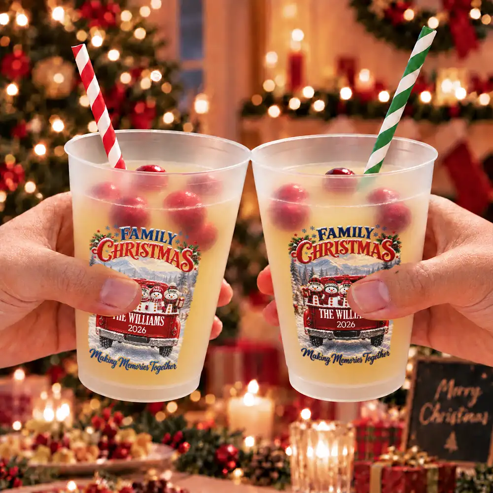 Christmas, Family, Icon, Sentimental - Christmas Gift For Family Gathering - Personalized Family Name Snowman Red Truck All Roads Lead Home At Christmas Frosted Cups