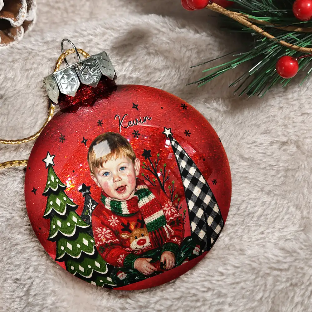 Art Design,Christmas,Custom Photo,Gift For Kids,Photo - Oil Painting,Playful - Christmas Gift For Kids Family - Personalized Custom Photo & Name Kid Portrait With Pine Tree Snowflake Ball Ornament