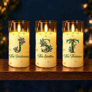 Christmas,Family,Icon,Sentimental - Christmas Home Decor Gift For Family - Personalized Monogram & Family Name Holly Botanical Initial LED Candle