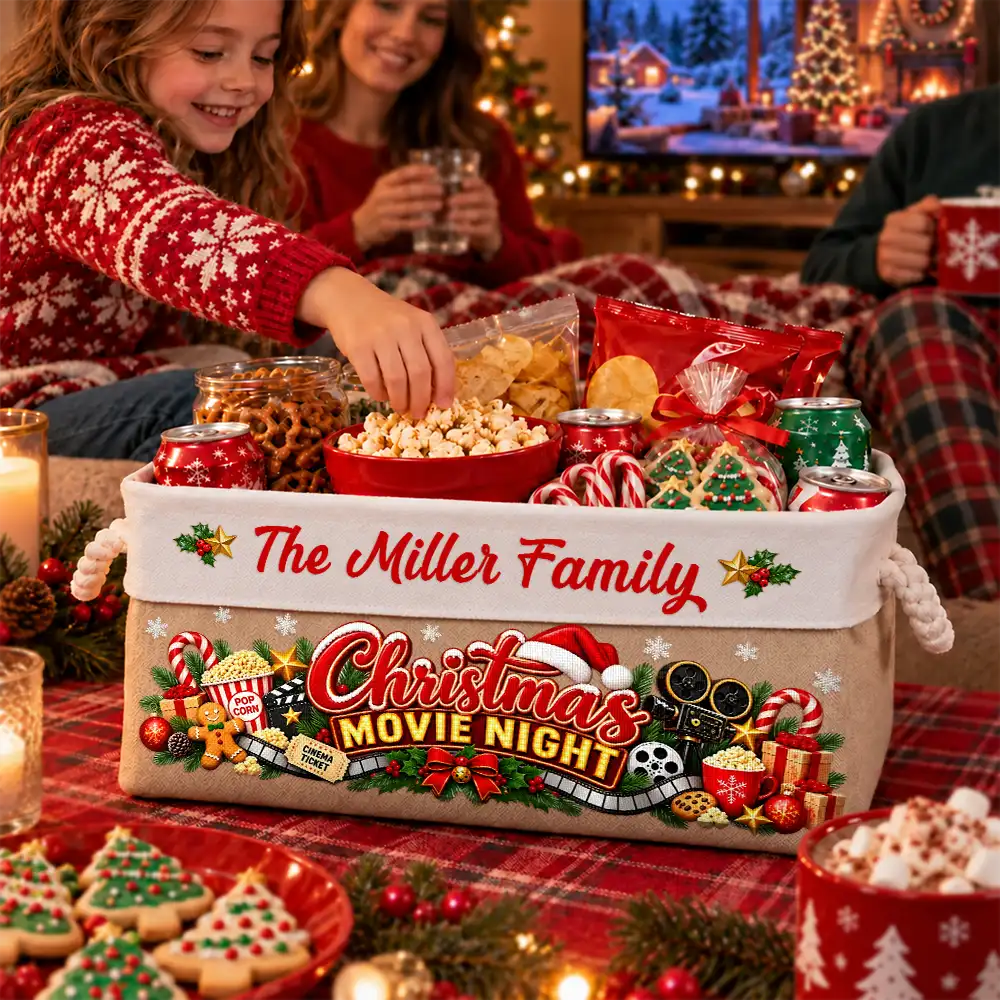 Christmas,Cozy,Custom Text,Family,Top Market - Gift For Holiday Gathering - Personalized Family Name Christmas Eve Movie Night Snack Storage Basket Storage Basket