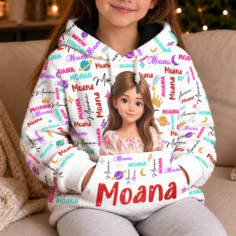 Art Design,Custom Photo,Gift For Kids,Happy,Photo - Cartoon Portrait,Top Market - Christmas Gift For Kids - Personalized Custom Photo Name Cute Pattern Fleece Hoodie