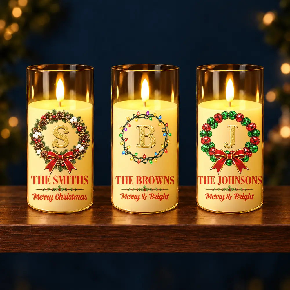 Christmas,Family,Icon,Sentimental - Christmas Home Decor Gift For Family - Personalized Monogram & Family Name Gold Initial In Holly Wreath LED Candle