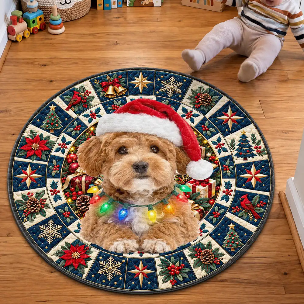 Art Design,Christmas,Custom Photo,Dog Lovers,Indoor Decor,Pet Lovers,Photo - Santa Hat Lying Pet,Playful,Top Market - Gift For Dog Lovers - Personalized Custom Photo Christmas Decor Rug
