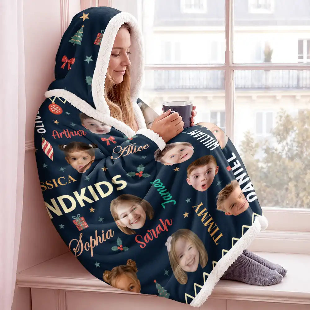 Christmas,Custom Photo,Cut-Face Photo,Gift For Grandma,Gifts For Her,Sentimental - Christmas Gift For Grandma Grandpa - Personalized Custom Photo My Grandkids With Name Pattern Wearable Hooded Blanket