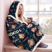 Christmas,Custom Photo,Cut-Face Photo,Gift For Grandma,Gifts For Her,Sentimental - Christmas Gift For Grandma Grandpa - Personalized Custom Photo My Grandkids With Name Pattern Wearable Hooded Blanket