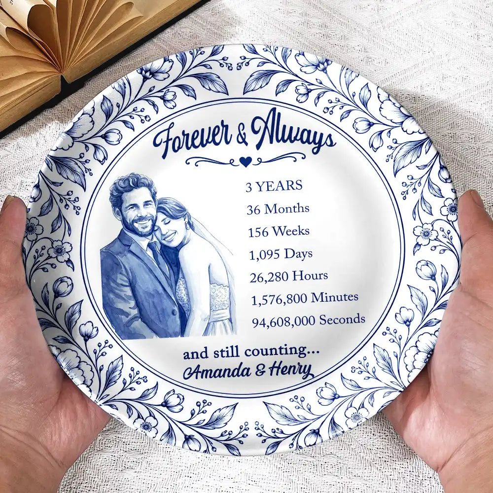 Art Design,Romantic,Gift For Couples,Photo - Porcelain Art Style - Custom Photo Watercolor Forever & Always Couple Anniversary - Personalized Ceramic Plate