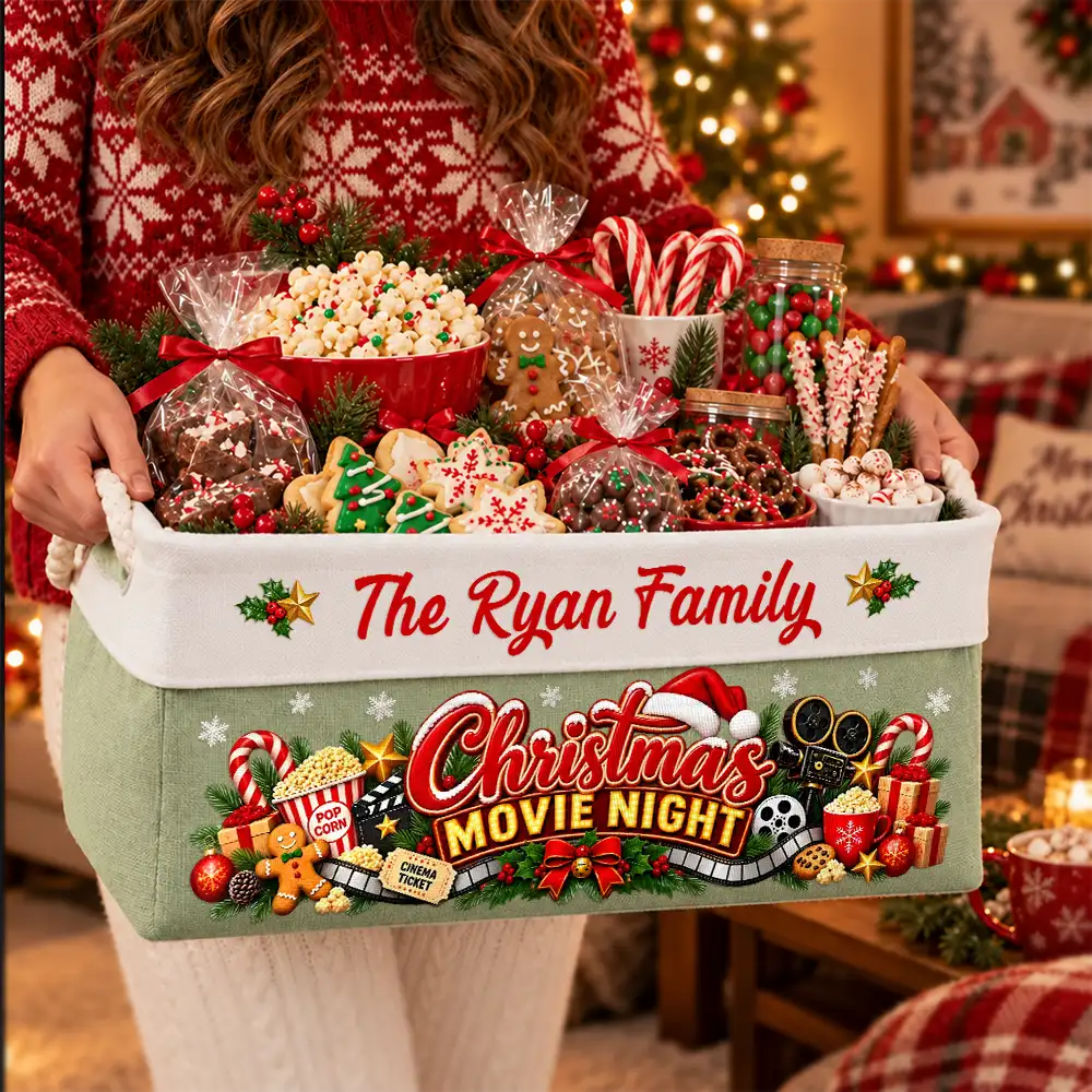 Christmas,Cozy,Custom Text,Family,Top Market - Gift For Holiday Gathering - Personalized Family Name Christmas Eve Movie Night Snack Storage Basket Storage Basket