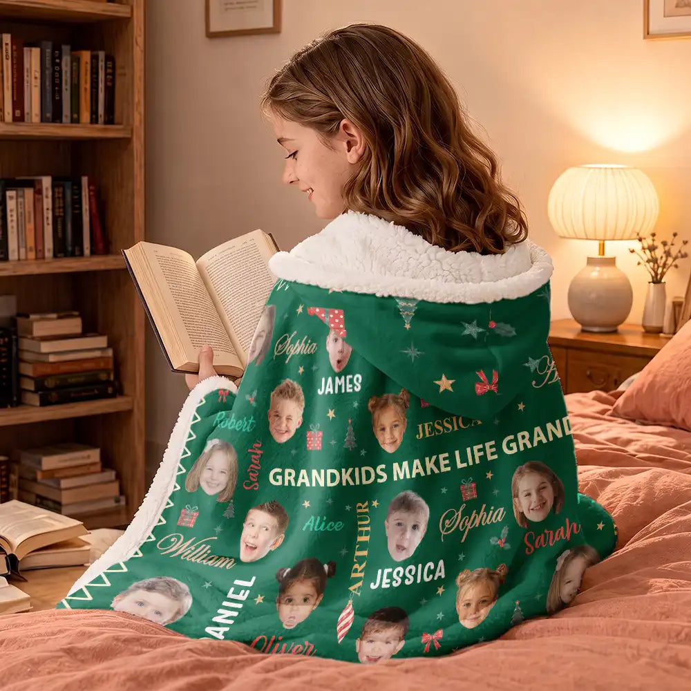 Christmas,Custom Photo,Cut-Face Photo,Gift For Grandma,Gifts For Her,Sentimental - Christmas Gift For Grandma Grandpa - Personalized Custom Photo My Grandkids With Name Pattern Wearable Hooded Blanket