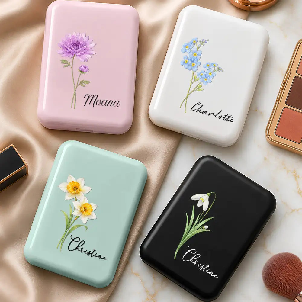 Gift For Women,Gift For Yourself,Gifts For Her,Grateful,Icon - Gift For Friends, Coworkers, Daughters, Sisters - Personalized Watercolor Birth Flower And Name LED Compact Mirror