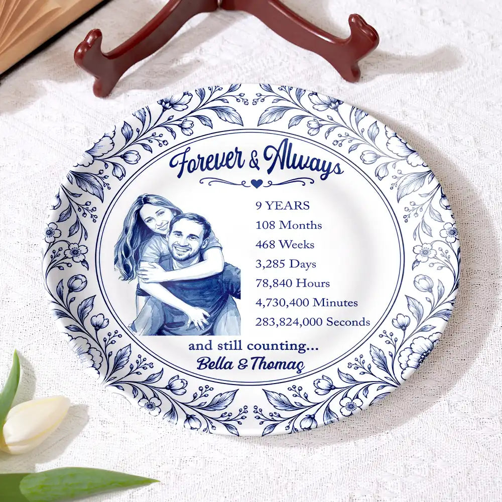Art Design,Romantic,Gift For Couples,Photo - Porcelain Art Style - Custom Photo Watercolor Forever & Always Couple Anniversary - Personalized Ceramic Plate