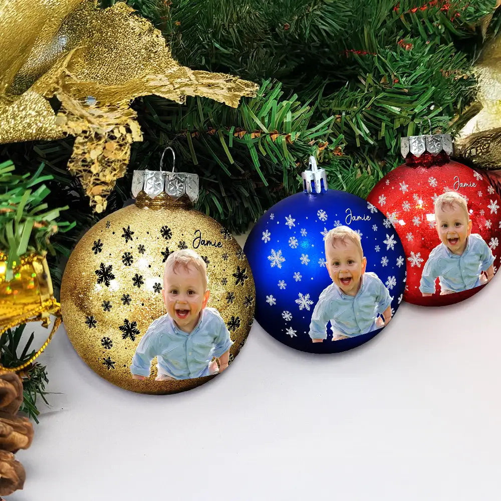 Art Design,Christmas,Custom Photo,Gift For Kids,Photo - Oil Painting,Playful - Christmas Gift For Kids Family - Personalized Custom Photo & Name Kid Portrait With Pine Tree Snowflake Ball Ornament