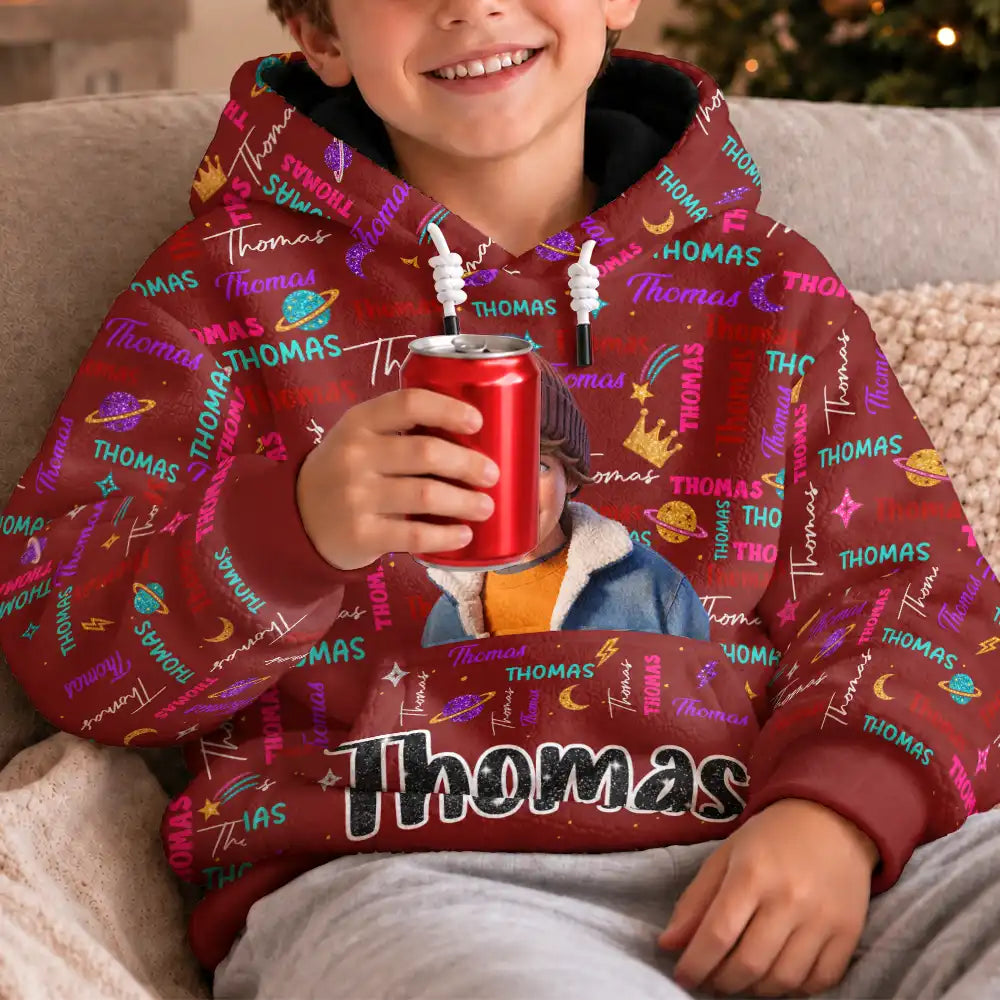 Art Design,Custom Photo,Gift For Kids,Happy,Photo - Cartoon Portrait,Top Market - Christmas Gift For Kids - Personalized Custom Photo Name Cute Pattern Fleece Hoodie