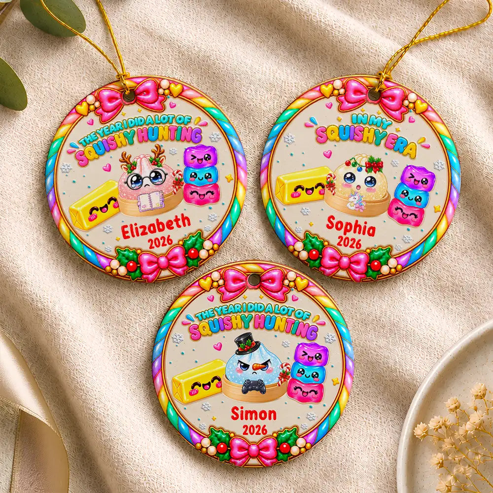 Christmas, Gift For Kids, Icon, Playful - Christmas Gift For Kids Girls Squishy Lovers - Personalized The Year Of Squishy Hunting Circle Ceramic Ornament