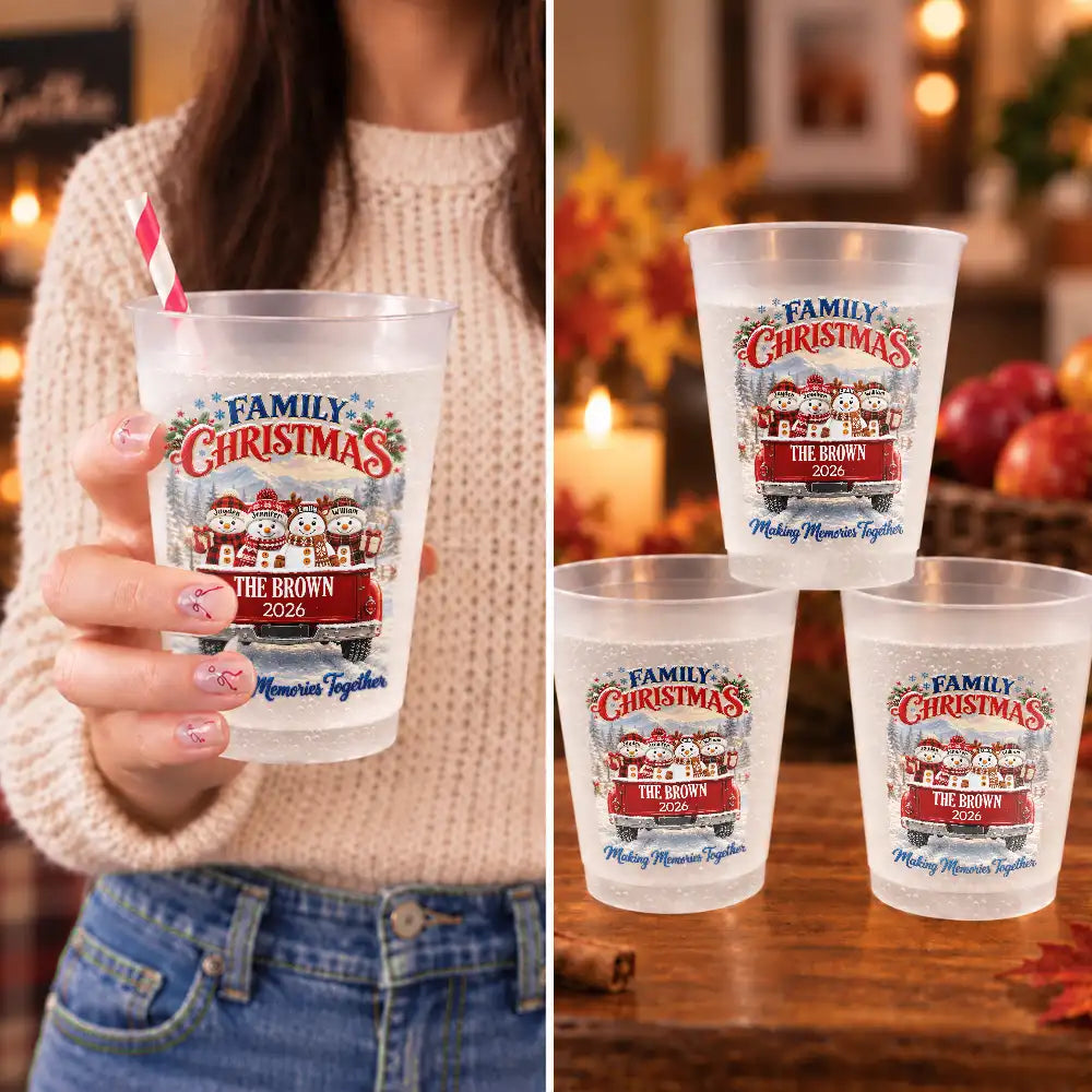 Christmas, Family, Icon, Sentimental - Christmas Gift For Family Gathering - Personalized Family Name Snowman Red Truck All Roads Lead Home At Christmas Frosted Cups