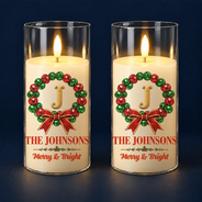 Christmas,Family,Icon,Sentimental - Christmas Home Decor Gift For Family - Personalized Monogram & Family Name Gold Initial In Holly Wreath LED Candle