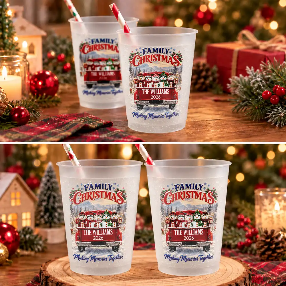 Christmas, Family, Icon, Sentimental - Christmas Gift For Family Gathering - Personalized Family Name Snowman Red Truck All Roads Lead Home At Christmas Frosted Cups