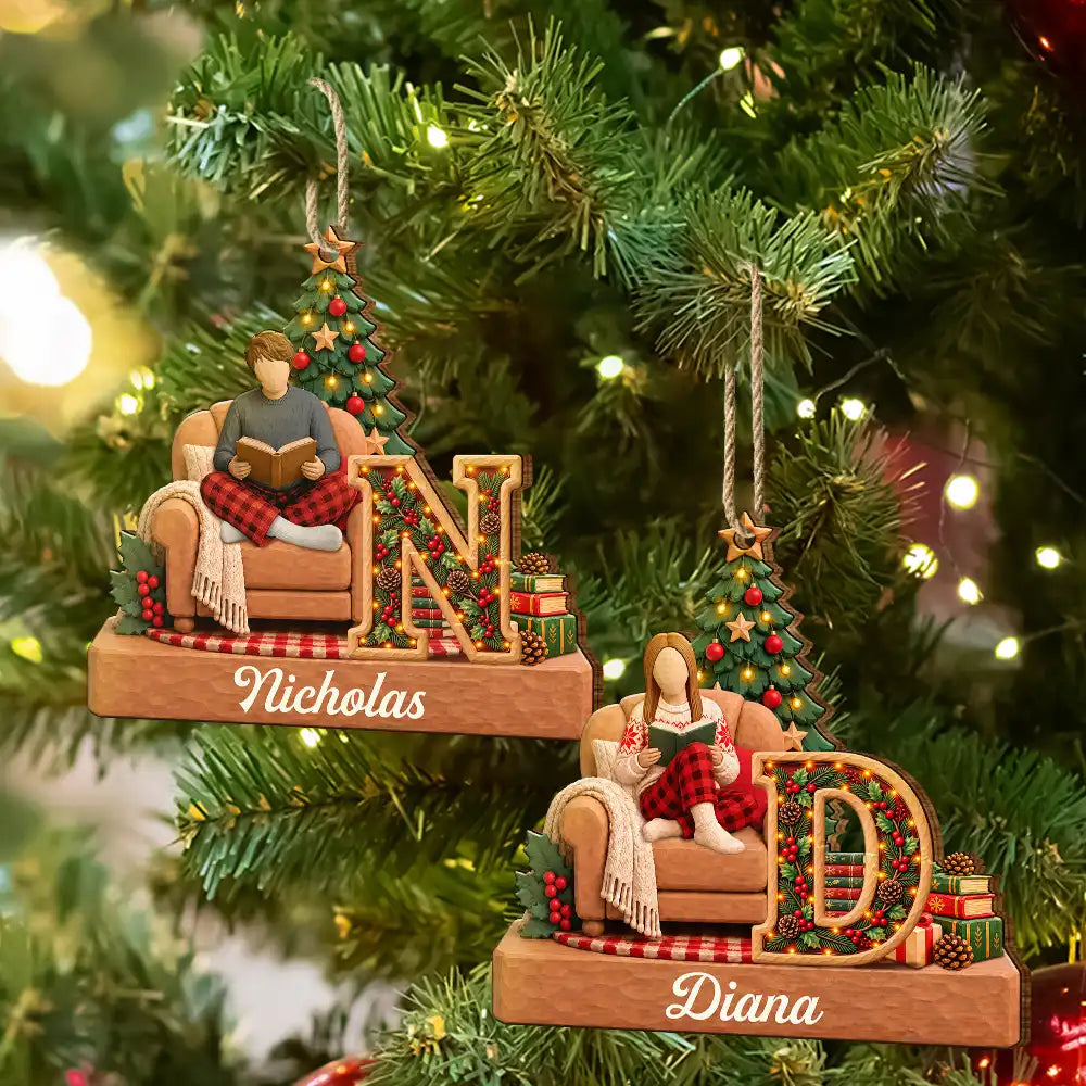 Christmas,Confident,Gift For Yourself,Gifts For Her,Gifts For Him,Reading,Vector - Christmas Gift Book Lovers, Bookworms - Personalized 3D Initial Christmas Concept Wooden Ornament