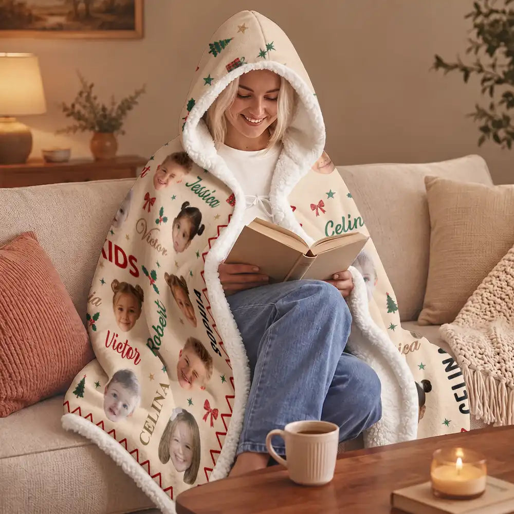 Christmas,Custom Photo,Cut-Face Photo,Gift For Grandma,Gifts For Her,Sentimental - Christmas Gift For Grandma Grandpa - Personalized Custom Photo My Grandkids With Name Pattern Wearable Hooded Blanket