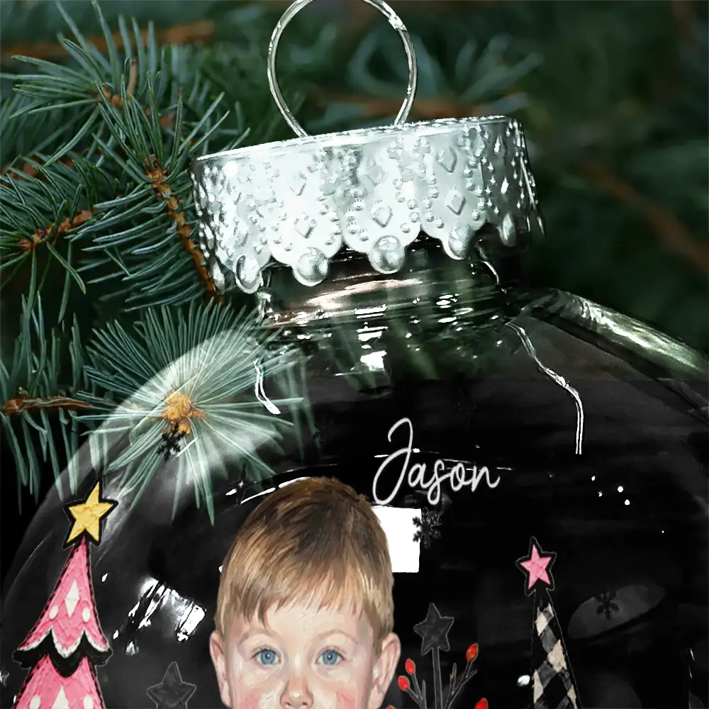Art Design,Christmas,Custom Photo,Gift For Kids,Photo - Oil Painting,Playful - Christmas Gift For Kids Family - Personalized Custom Photo & Name Kid Portrait With Pine Tree Snowflake Ball Ornament