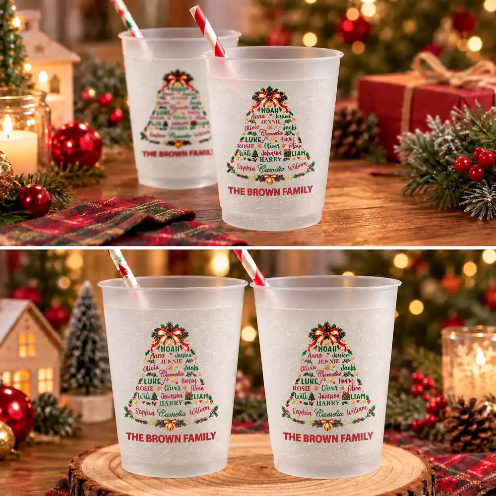 Christmas,Custom Text,Gift For Grandma,Gifts For Her,Sentimental - Christmas Gift For Family Gathering - Personalized Family & Member Names Word Art Tree Bell Star Wreath Frosted Cups