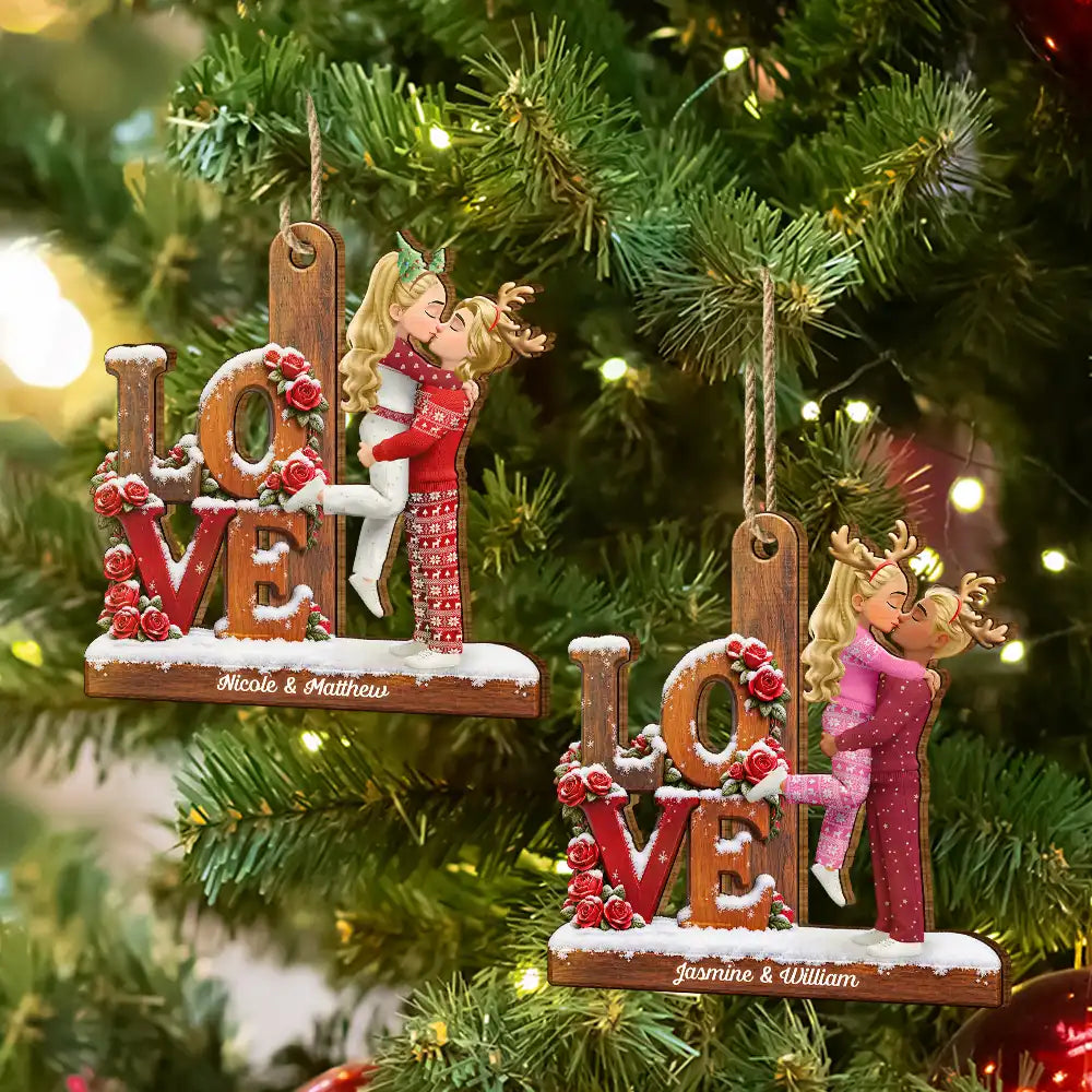 Christmas,Romantic,Gift For Couples,Vector - Couple Kissing Anniversary Gift Eternal Love - Personalized Custom Shaped Wooden Ornament