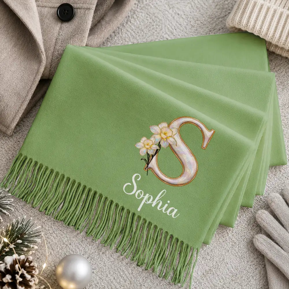 Christmas,Gift For Women,Gift For Yourself,Gifts For Her,Happy,Icon - Gift For Mom Daughter Besties - Personalized Mother Of Pearl Effect Birth Flower Tassel Scarf