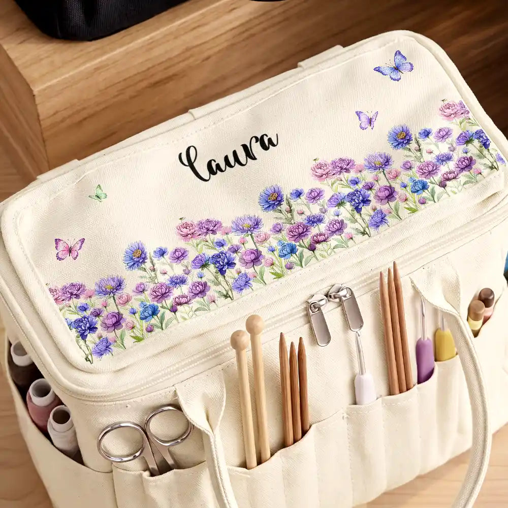 Christmas,Cozy,Crocheting,Gift For Women,Gift For Yourself,Gifts For Her,Icon - Birthday Gift For Crocheter Knitter Mom Daughter Sister Friend - Personalized Birth Flower & Name Wildflower Field Canvas Yarn Tote Bag