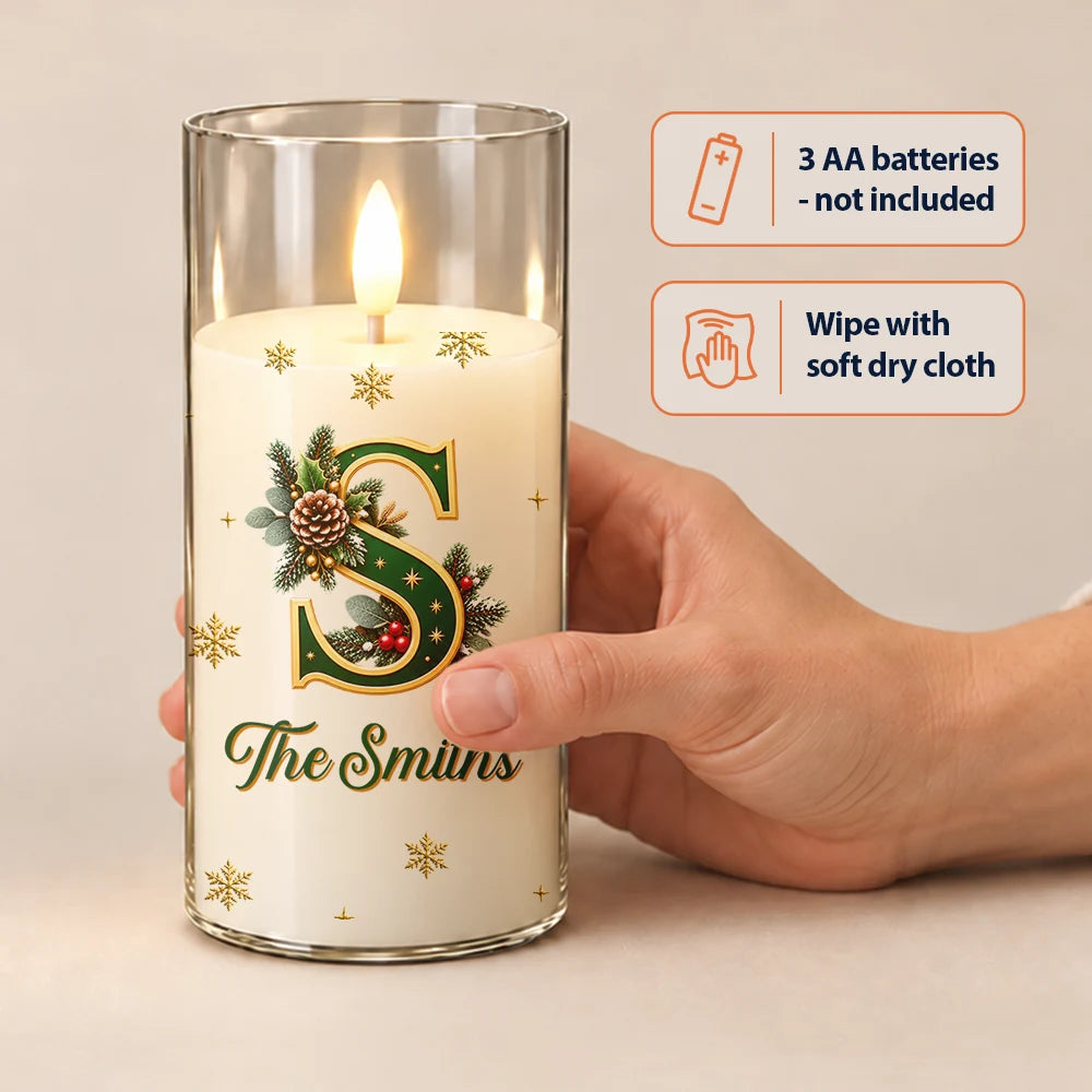 Christmas,Family,Icon,Sentimental - Christmas Home Decor Gift For Family - Personalized Monogram & Family Name Holly Botanical Initial LED Candle